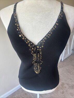 Cache Black Ribbed V-Neck Camisole with Gold Stud Trim